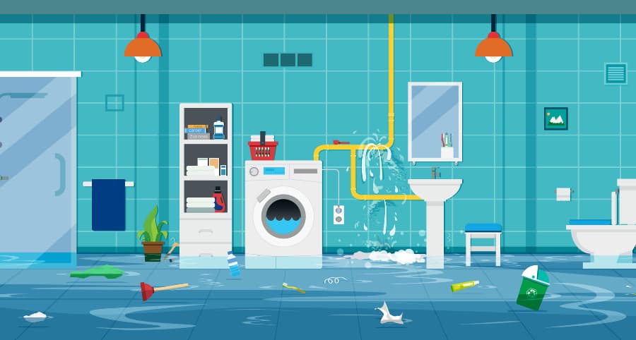 Illustration of bathroom flooding because of a burst pipe